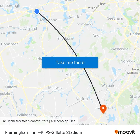 Framingham Inn to P2-Gillette Stadium map