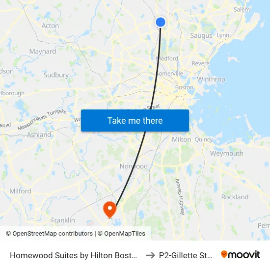Homewood Suites by Hilton Boston Woburn to P2-Gillette Stadium map