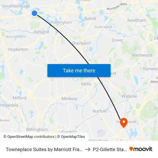 Towneplace Suites by Marriott Framingham to P2-Gillette Stadium map
