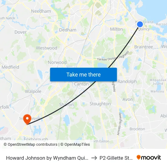Howard Johnson by Wyndham Quincy/Boston to P2-Gillette Stadium map