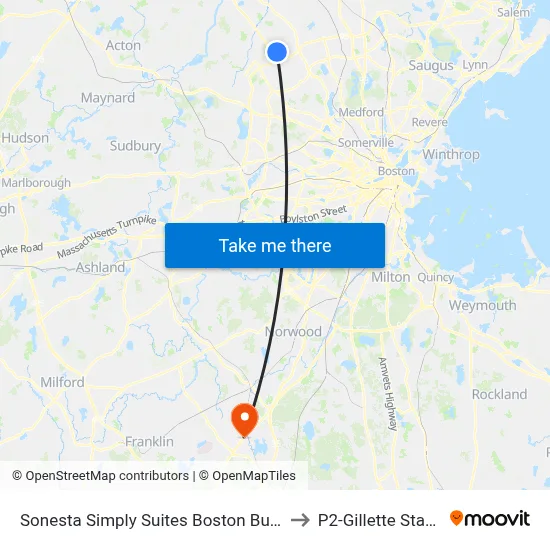 Sonesta Simply Suites Boston Burlington to P2-Gillette Stadium map