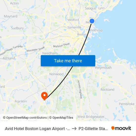 Avid Hotel Boston Logan Airport - Revere to P2-Gillette Stadium map