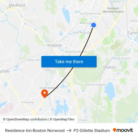 Residence Inn-Boston Norwood to P2-Gillette Stadium map