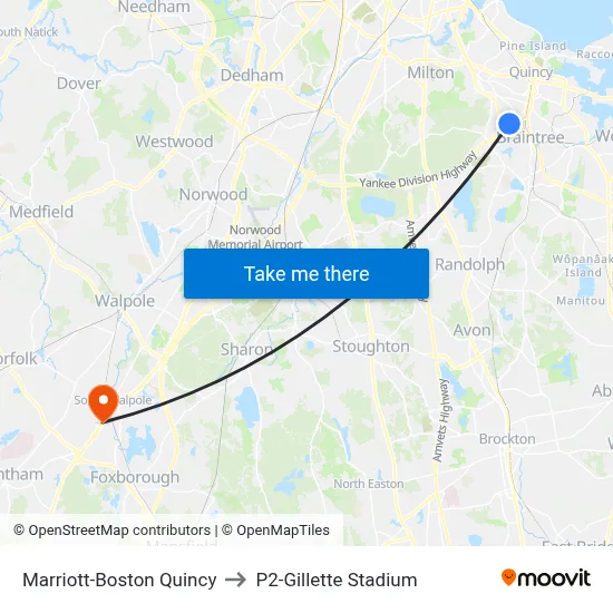 Marriott-Boston Quincy to P2-Gillette Stadium map