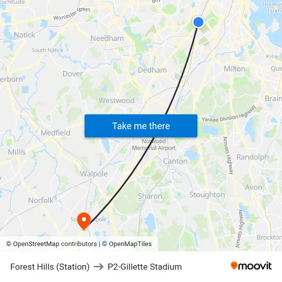 Forest Hills (Station) to P2-Gillette Stadium map