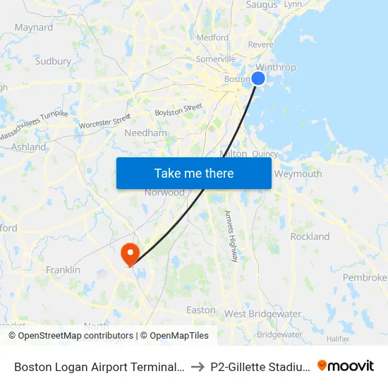 Boston Logan Airport Terminal C to P2-Gillette Stadium map