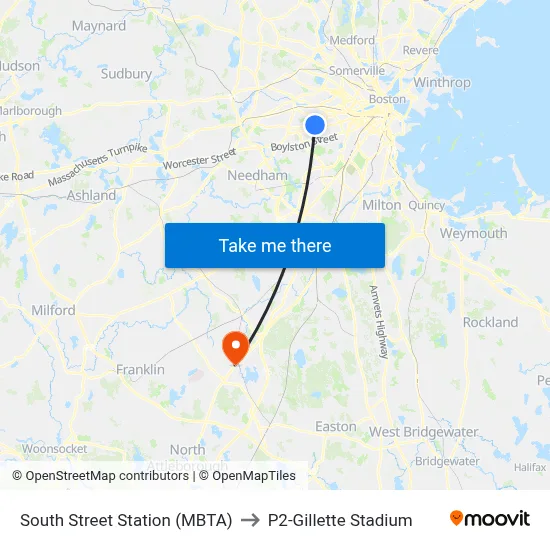 South Street Station (MBTA) to P2-Gillette Stadium map