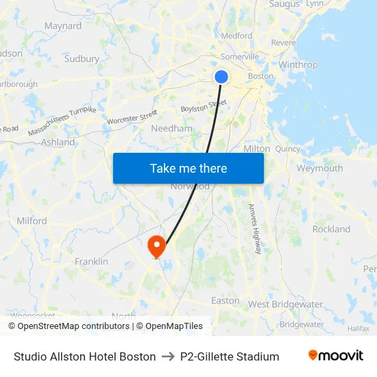 Studio Allston Hotel Boston to P2-Gillette Stadium map