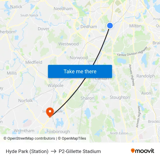 Hyde Park (Station) to P2-Gillette Stadium map
