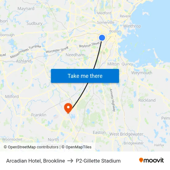 Arcadian Hotel, Brookline to P2-Gillette Stadium map