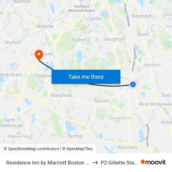 Residence Inn by Marriott Boston Brockton to P2-Gillette Stadium map