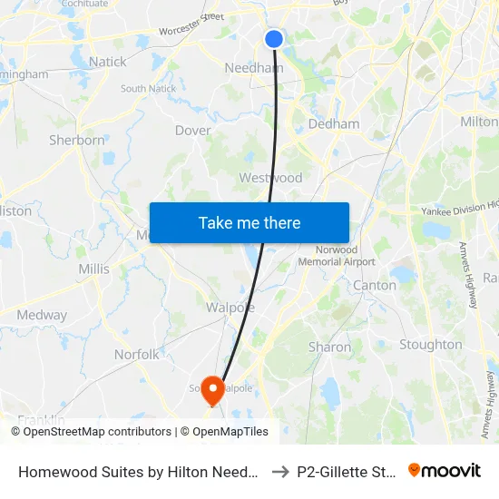 Homewood Suites by Hilton Needham Boston to P2-Gillette Stadium map