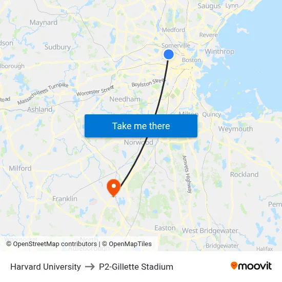 Harvard University to P2-Gillette Stadium map