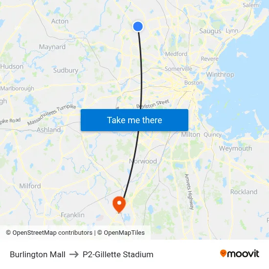 Burlington Mall to P2-Gillette Stadium map