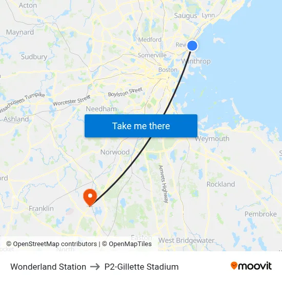 Wonderland Station, 1300 North Shore to P2-Gillette Stadium map
