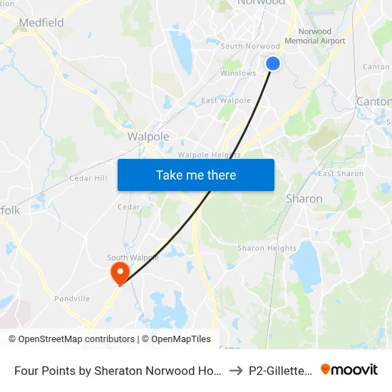 Four Points by Sheraton Norwood Hotel & Conference Center to P2-Gillette Stadium map