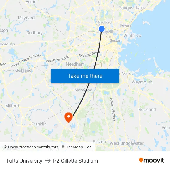 Tufts University, 40 Talbot Ave to P2-Gillette Stadium map