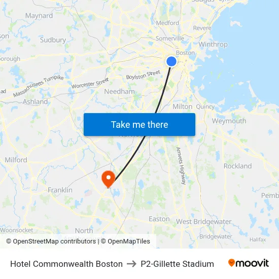 Hotel Commonwealth Boston to P2-Gillette Stadium map