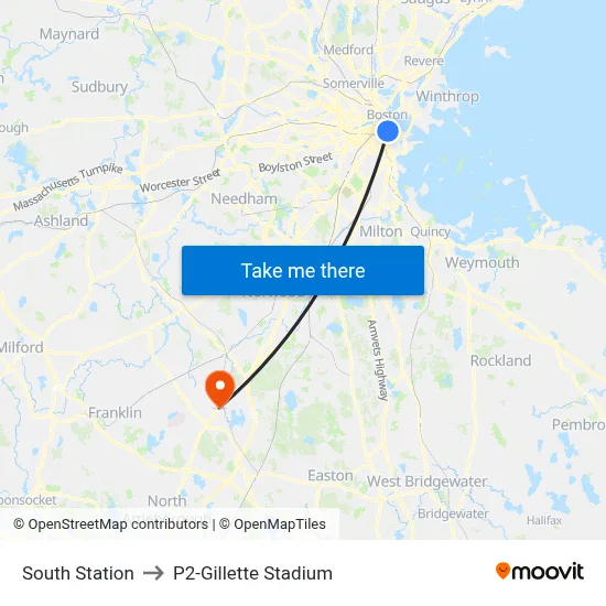 South Station to P2-Gillette Stadium map