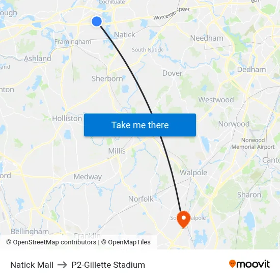 Natick Mall to P2-Gillette Stadium map