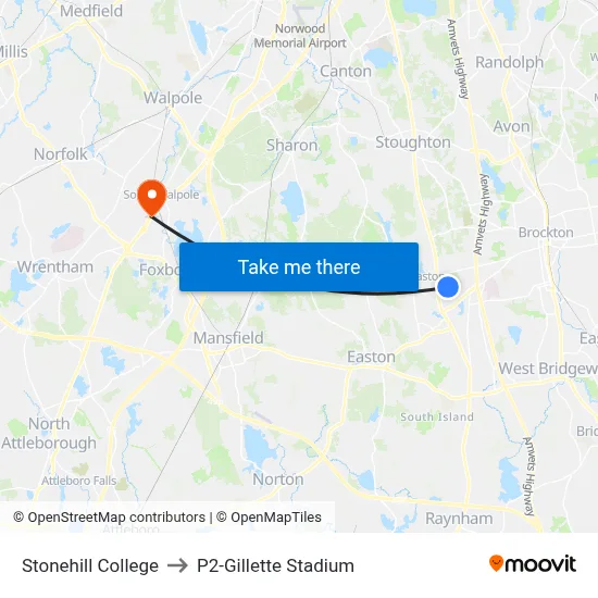 Stonehill College to P2-Gillette Stadium map