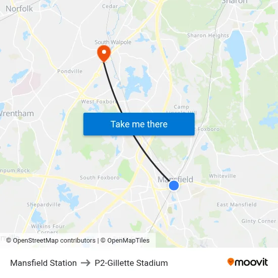 Mansfield Station to P2-Gillette Stadium map
