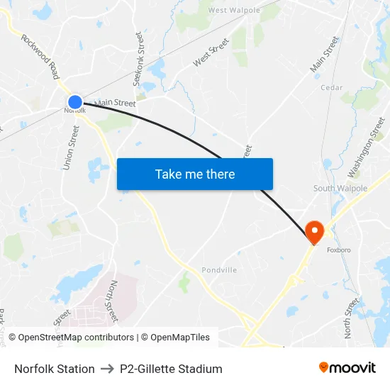 Norfolk Station to P2-Gillette Stadium map