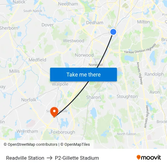Readville Station to P2-Gillette Stadium map