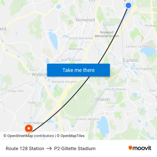 Route 128 Station to P2-Gillette Stadium map
