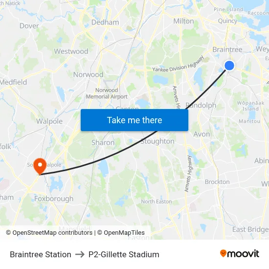Braintree Station to P2-Gillette Stadium map