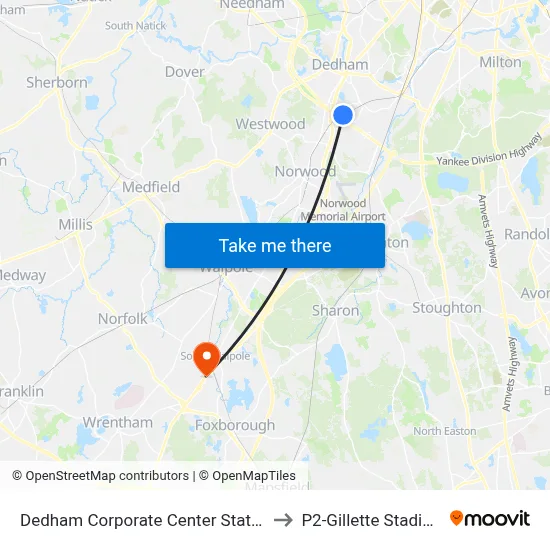 Dedham Corporate Center Station to P2-Gillette Stadium map