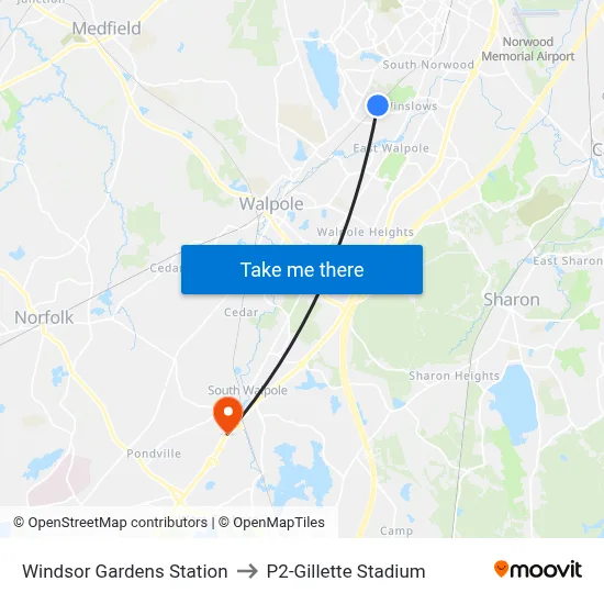 Windsor Gardens Station to P2-Gillette Stadium map