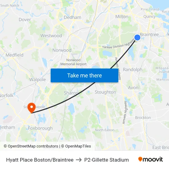 Hyatt Place Boston/Braintree to P2-Gillette Stadium map