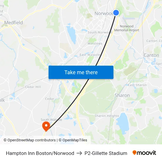 Hampton Inn Boston/Norwood to P2-Gillette Stadium map