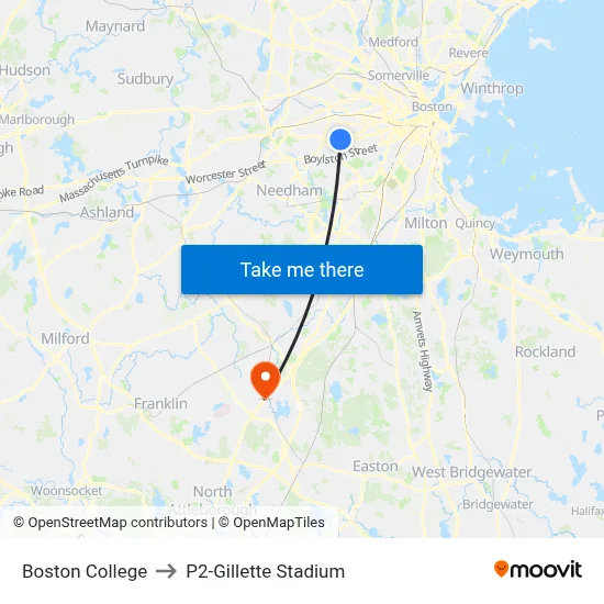 Boston College to P2-Gillette Stadium map