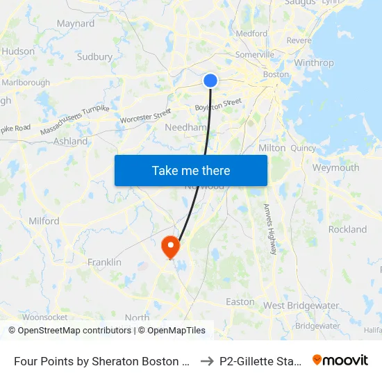 Crowne Plaza Boston Newton to P2-Gillette Stadium map
