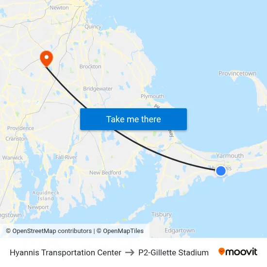Hyannis Transportation Center to P2-Gillette Stadium map