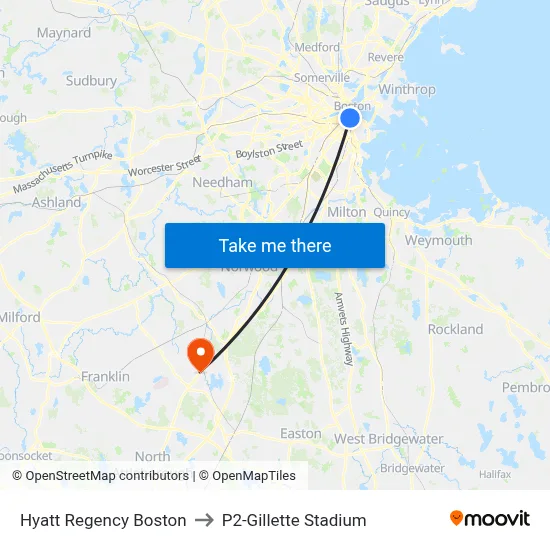 Hyatt Regency Boston to P2-Gillette Stadium map