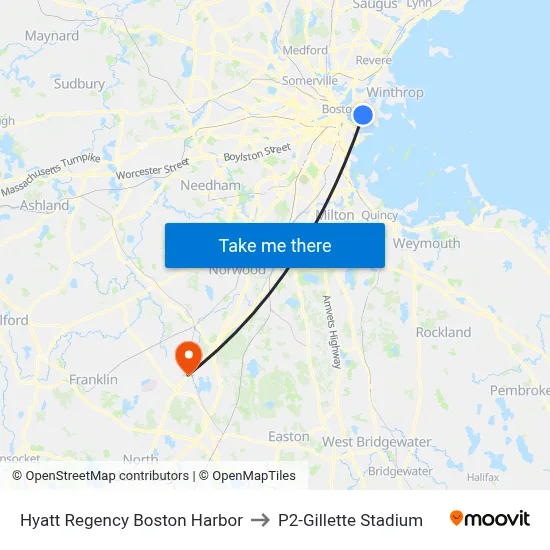 Hyatt Regency Boston Harbor to P2-Gillette Stadium map