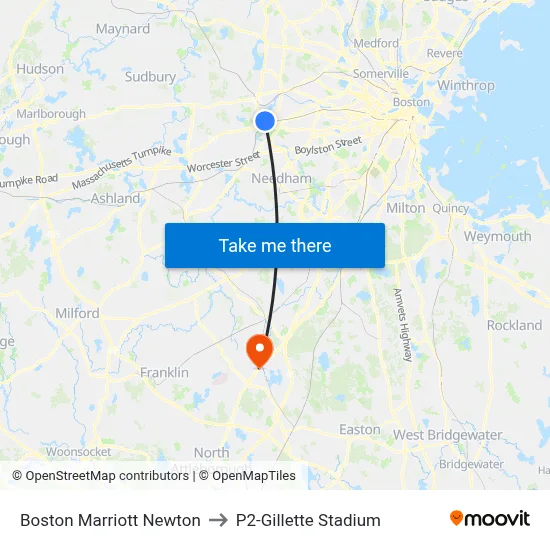 Boston Marriott Newton to P2-Gillette Stadium map