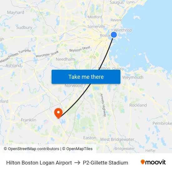 Hilton Boston Logan Airport to P2-Gillette Stadium map