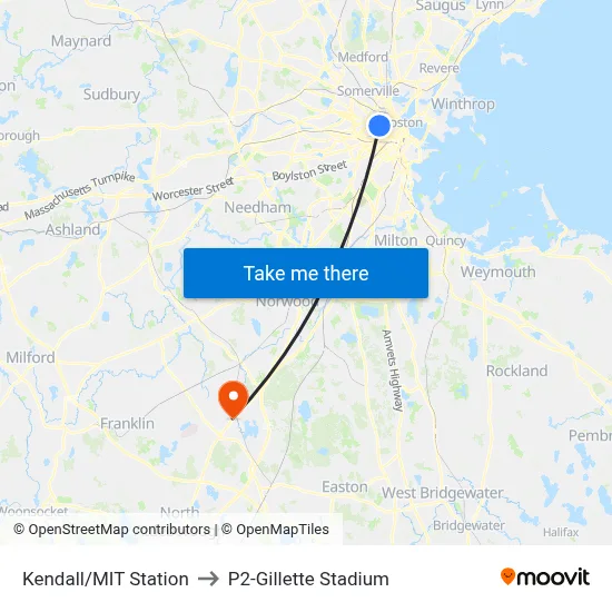 Kendall/MIT Station to P2-Gillette Stadium map