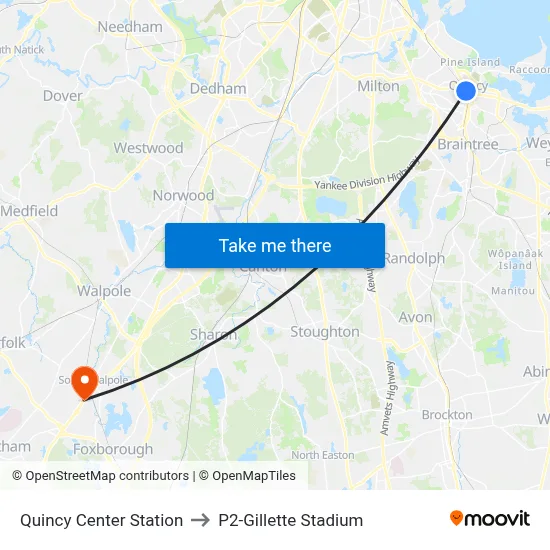 Quincy Center Station to P2-Gillette Stadium map