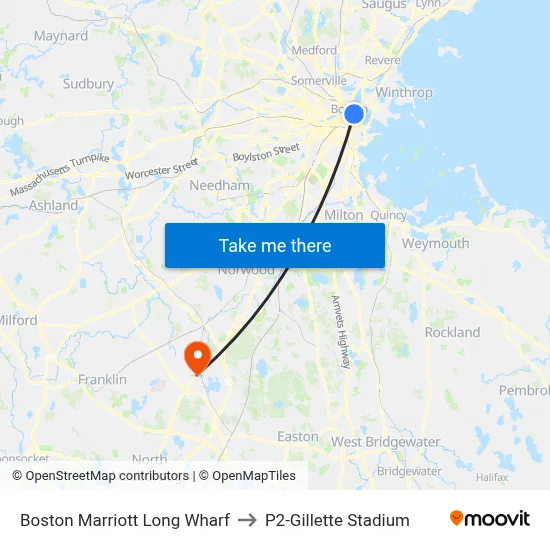 Boston Marriott Long Wharf to P2-Gillette Stadium map