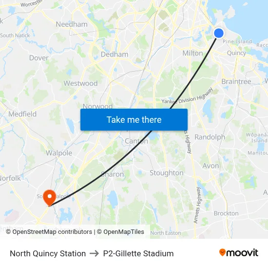 North Quincy Station to P2-Gillette Stadium map