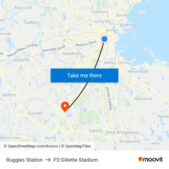 Ruggles Station to P2-Gillette Stadium map