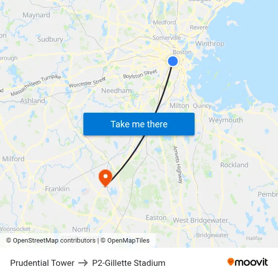 Prudential Tower to P2-Gillette Stadium map