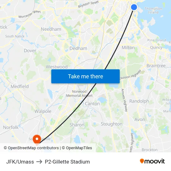 JFK/Umass to P2-Gillette Stadium map
