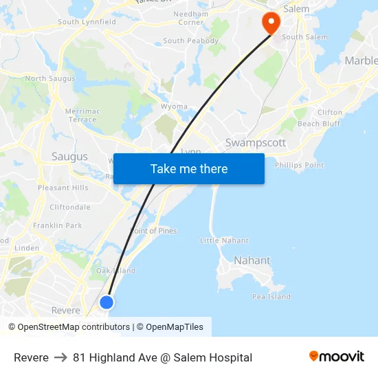 Revere to 81 Highland Ave @ Salem Hospital map