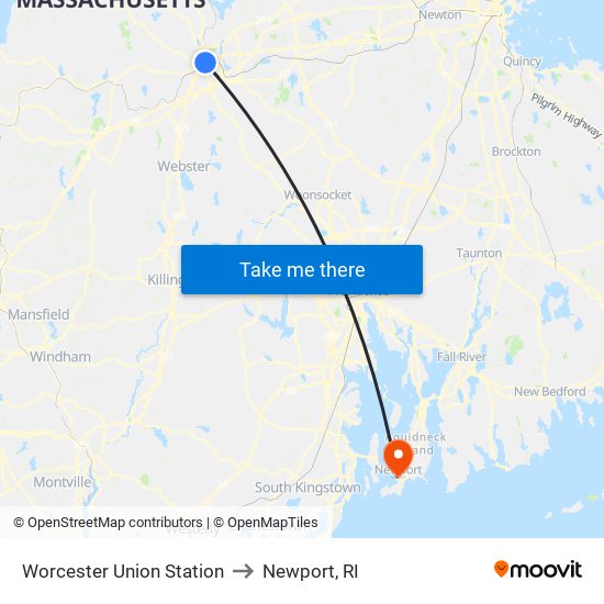 Worcester Union Station to Newport, RI map
